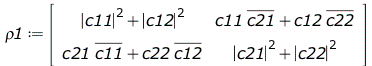 Typesetting:-mprintslash([rho1 := Matrix([[`+`(`*`(`^`(abs(c11), 2)), `*`(`^`(abs(c12), 2))), `+`(`*`(c11, `*`(conjugate(c21))), `*`(c12, `*`(conjugate(c22))))], [`+`(`*`(c21, `*`(conjugate(c11))), `*...