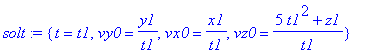 solt := {t = t1, vy0 = y1/t1, vx0 = x1/t1, vz0 = (5*t1^2+z1)/t1}