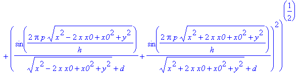 ((1/((x^2-2*x*x0+x0^2+y^2)^(1/2)+d)*cos(2*Pi/h*p*(x^2-2*x*x0+x0^2+y^2)^(1/2))+1/((x^2+2*x*x0+x0^2+y^2)^(1/2)+d)*cos(2*Pi/h*p*(x^2+2*x*x0+x0^2+y^2)^(1/2)))^2+(1/((x^2-2*x*x0+x0^2+y^2)^(1/2)+d)*sin(2*Pi/...