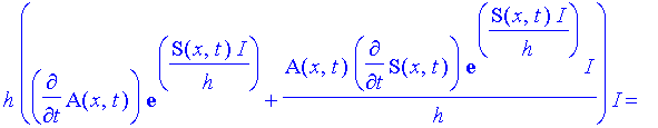 h*(diff(A(x,t),t)*exp(1/h*S(x,t)*I)+A(x,t)/h*diff(S(x,t),t)*exp(1/h*S(x,t)*I)*I)*I = -1/2*h^2/m*(diff(A(x,t),`$`(x,2))*exp(1/h*S(x,t)*I)+2*I*diff(A(x,t),x)/h*diff(S(x,t),x)*exp(1/h*S(x,t)*I)+A(x,t)/h*d...