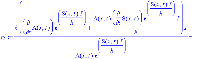 gl := 1/A(x,t)/exp(1/h*S(x,t)*I)*h*(diff(A(x,t),t)*exp(1/h*S(x,t)*I)+A(x,t)/h*diff(S(x,t),t)*exp(1/h*S(x,t)*I)*I)*I = -1/2*1/A(x,t)/exp(1/h*S(x,t)*I)*h^2/m*(diff(A(x,t),`$`(x,2))*exp(1/h*S(x,t)*I)+2*I*...