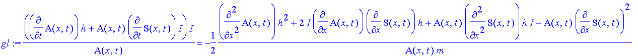 gl := (diff(A(x,t),t)*h+A(x,t)*diff(S(x,t),t)*I)/A(x,t)*I = -1/2*(diff(A(x,t),`$`(x,2))*h^2+2*I*diff(A(x,t),x)*diff(S(x,t),x)*h+A(x,t)*diff(S(x,t),`$`(x,2))*h*I-A(x,t)*diff(S(x,t),x)^2)/A(x,t)/m