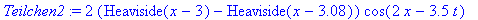 Teilchen2 := 2*(Heaviside(x-3)-Heaviside(x-3.08))*cos(2*x-3.5*t)