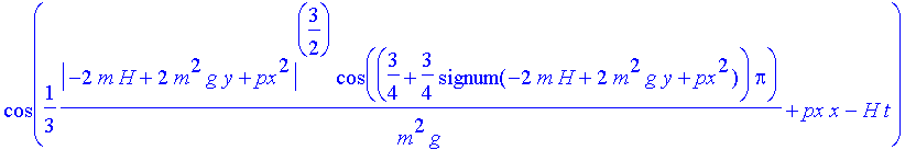 Rwurf := exp((-(y-H/m/g+1/2/m^2/g*px^2-1/2*g*t^2*signum(t))^2-(x-px/m*t)^2)/s^2)*exp(1/3*1/m^2/g*abs(-2*m*H+2*m^2*g*y+px^2)^(3/2)*sin((3/4+3/4*signum(-2*m*H+2*m^2*g*y+px^2))*Pi))*cos(-1/3*1/m^2/g*abs(-...