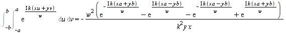 Int(Int(exp(`/`(`*`(I, `*`(k, `*`(`+`(`*`(x, `*`(u)), `*`(y, `*`(v)))))), `*`(w))), u = `+`(`-`(a)) .. a), v = `+`(`-`(b)) .. b) = `+`(`-`(`/`(`*`(`^`(w, 2), `*`(`+`(exp(`+`(`-`(`/`(`*`(`+`(I), `*`(k,...