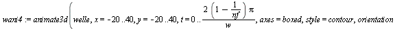 `assign`(wani4, animate3d(welle, x = -20 .. 40, y = -20 .. 40, t = 0 .. `/`(`*`(`*`(2, `+`(1, `-`(`/`(1, `*`(nf))))), `*`(Pi)), `*`(w)), axes = boxed, style = contour, orientation = [-90, 0], frames =...