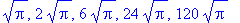 Pi^(1/2), 2*Pi^(1/2), 6*Pi^(1/2), 24*Pi^(1/2), 120*Pi^(1/2)