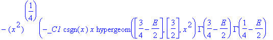 -(x^2)^(1/4)*(-_C1*csgn(x)*x*hypergeom([3/4-1/2*E],[3/2],x^2)*GAMMA(3/4-1/2*E)*GAMMA(1/4-1/2*E)-_C2*Pi^(1/2)*hypergeom([1/4-1/2*E],[1/2],x^2)*GAMMA(1/4-1/2*E)+2*_C2*Pi^(1/2)*csgn(x)*x*hypergeom([3/4-1/...