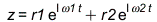 z = `+`(`*`(r1, `*`(exp(`*`(I, `*`(omega1, `*`(t)))))), `*`(r2, `*`(exp(`*`(I, `*`(omega2, `*`(t)))))));